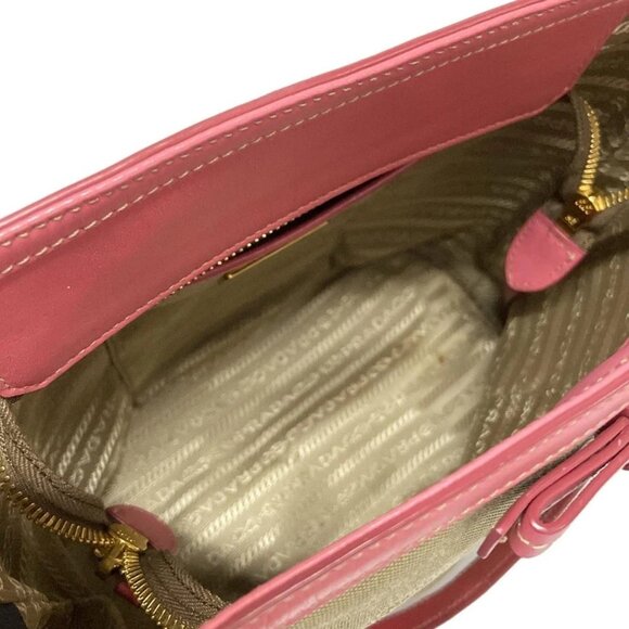 Auth PRADA Logo Jacquard Beige Pink Canvas Leather Shoulder Bag - Picture 14 of 16